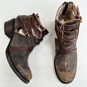 Freebird by Steven Distressed Dark Brown Strappy Ankle Boots